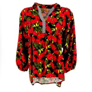 Karakorum Milano Blusa Chiara red poppy gingham 3/4 sleeves Blouse sale NWT